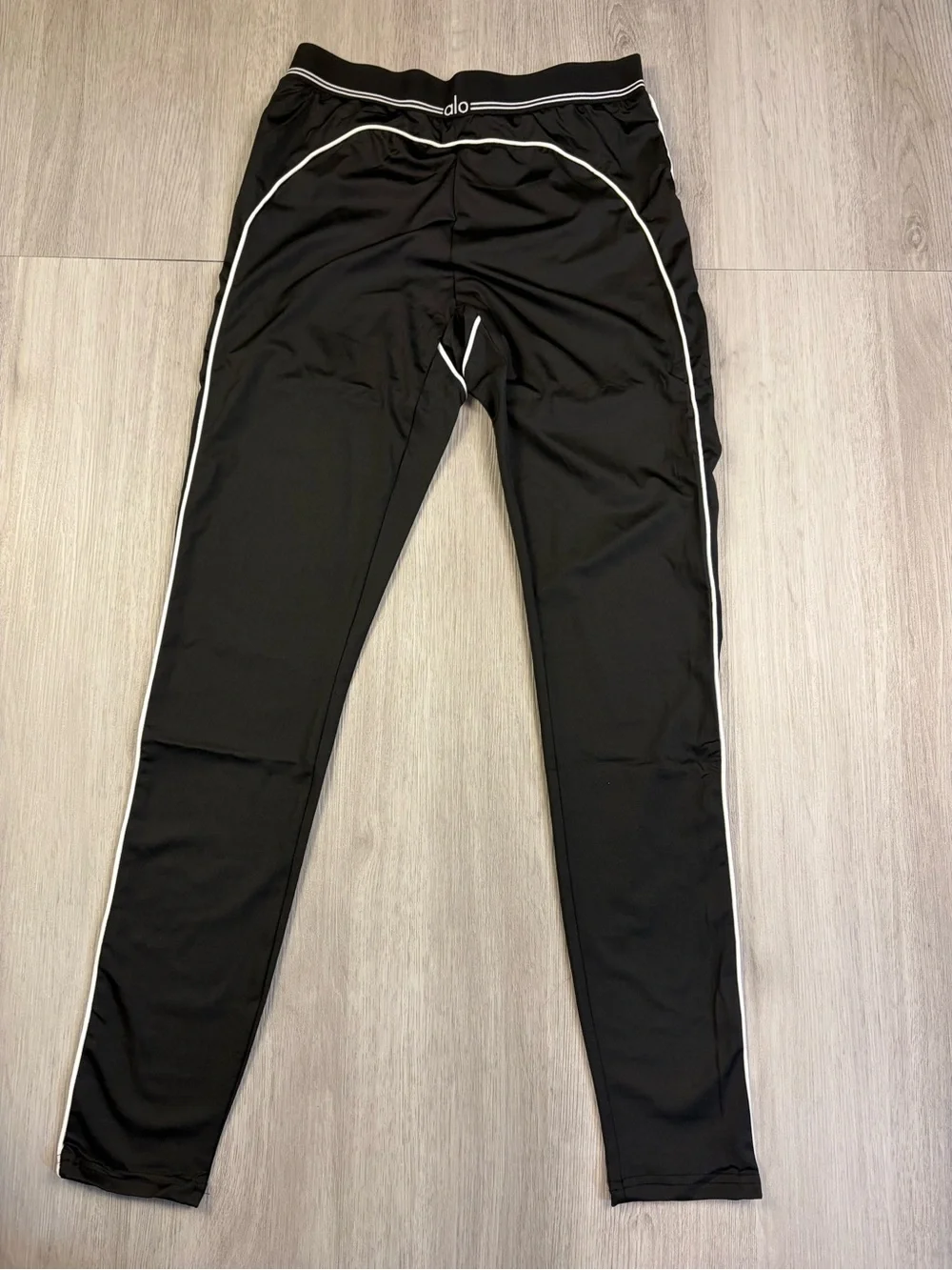 ALO Yoga Black Track Pants & Piped Sports Bra Set with White Trim
